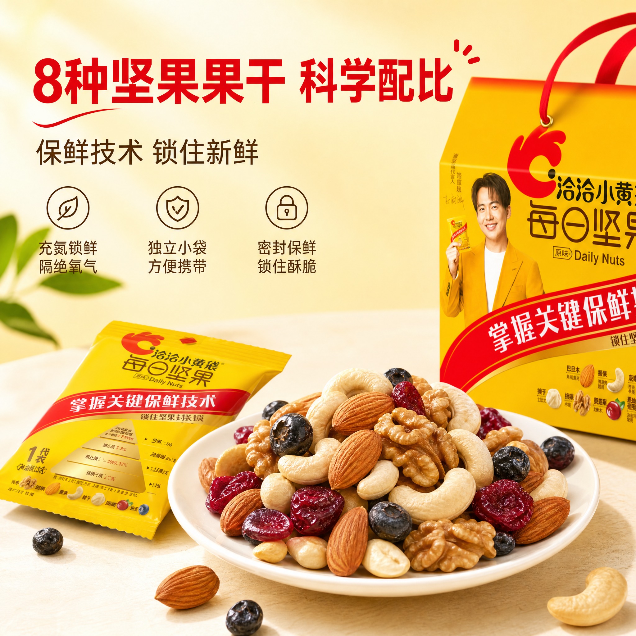 [主图-2] 洽洽小黄袋每日坚果卖点图，展示坚果内容物与保鲜品… - 图片创意预览