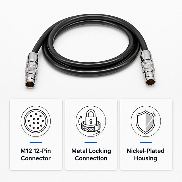 [Main Image 3] Core product features. Keep original product appearance. Show three core advantages with icons and English text in three columns on light background: 1. Icon with text "M12 12-Pin Connector"; 2. Icon with text "Metal Locking Connection"; 3. Icon with text "Nickel-Plated Housing". Product displayed on upper half of image, three feature cards at bottom. All text in English. 1:1 square.
