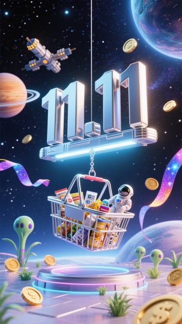 太空科幻场景，巨大的金属质感 “11.11” 立体字漂浮在宇宙中，字的下方用牵引光束吊着一个银色太空购物篮，篮内装满宇航员食品、未来科技等商品，周围点缀着星球造型的金币、银河彩带和发光的外星植物星星，预览效果