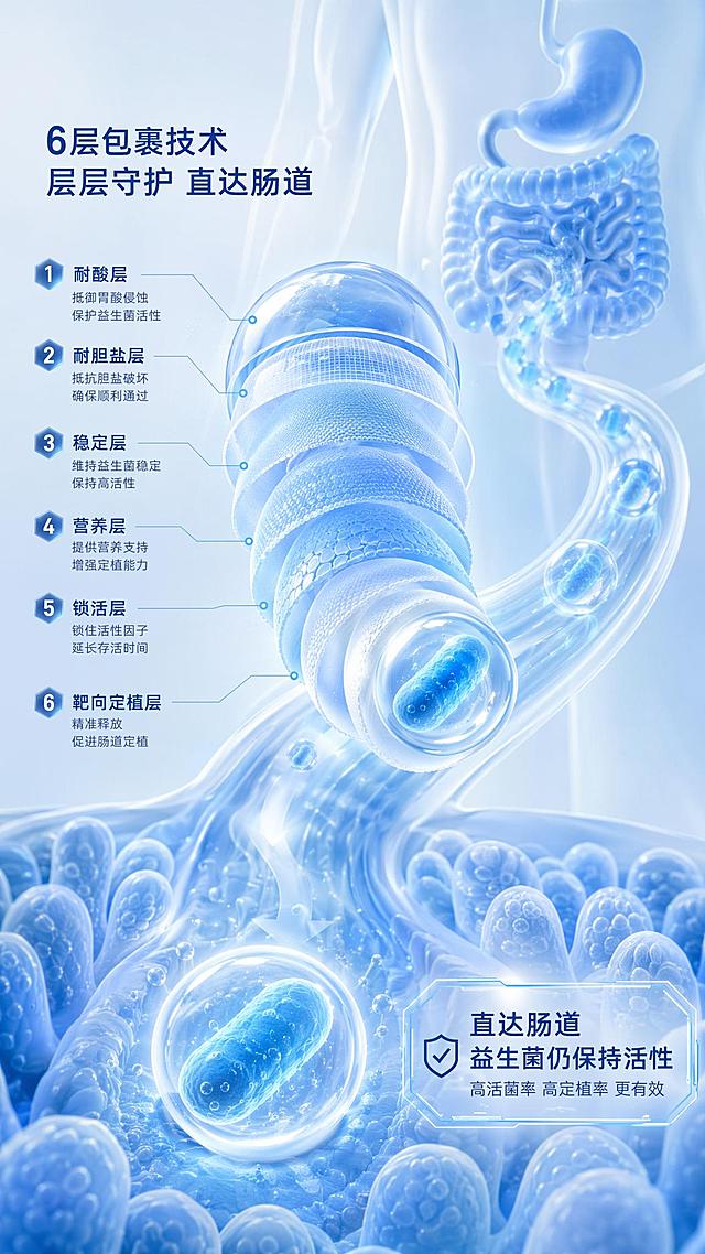 一个益生菌圆球进入人体肠道，展示6层包裹技术，突出益生菌到达肠道仍保持活性的卖点，整体淡蓝色色调，科技风格画面，只突出展示益生菌主体