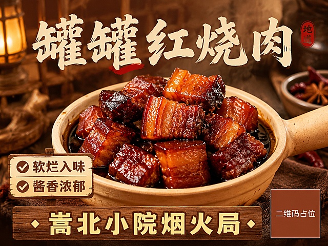 生成一张尺寸1080*810抖音团购头图，主图为罐罐红烧肉，参考图片2和图片3的红烧肉样貌，保持红烧肉的外形、色泽和质感不变，整体为写实商业餐饮风格，暖光打光，突出浓郁食欲感，海报版式精美，顶部放置主标题"罐罐红烧肉"，底部放置副标题"嵩北小院烟火局"，左下角放置卖点标签：软烂入味 酱香浓郁，画面中所有二维码区域使用纯色方块占位符呈现，方块中央标注"二维码占位"文字，严禁生成任何可识别的二维码图案，画面中所有文字必须清晰可读，精确渲染，主副标题和卖点清晰呈现不遮挡红烧肉主体，整体配色偏暖棕色调，营造小院烟火气氛围。