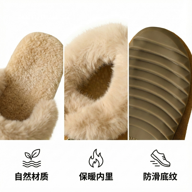 [布局]
- 产品：鞋子分解式展示(鞋底、鞋床、鞋面分离展示)
- 排版：三分构图法展示三个核心卖点
1. 鞋床 - 自然材质特写
2. 毛绒内里 - 保暖细节
3. 防滑底纹 - 底部特写
- 设计预览效果