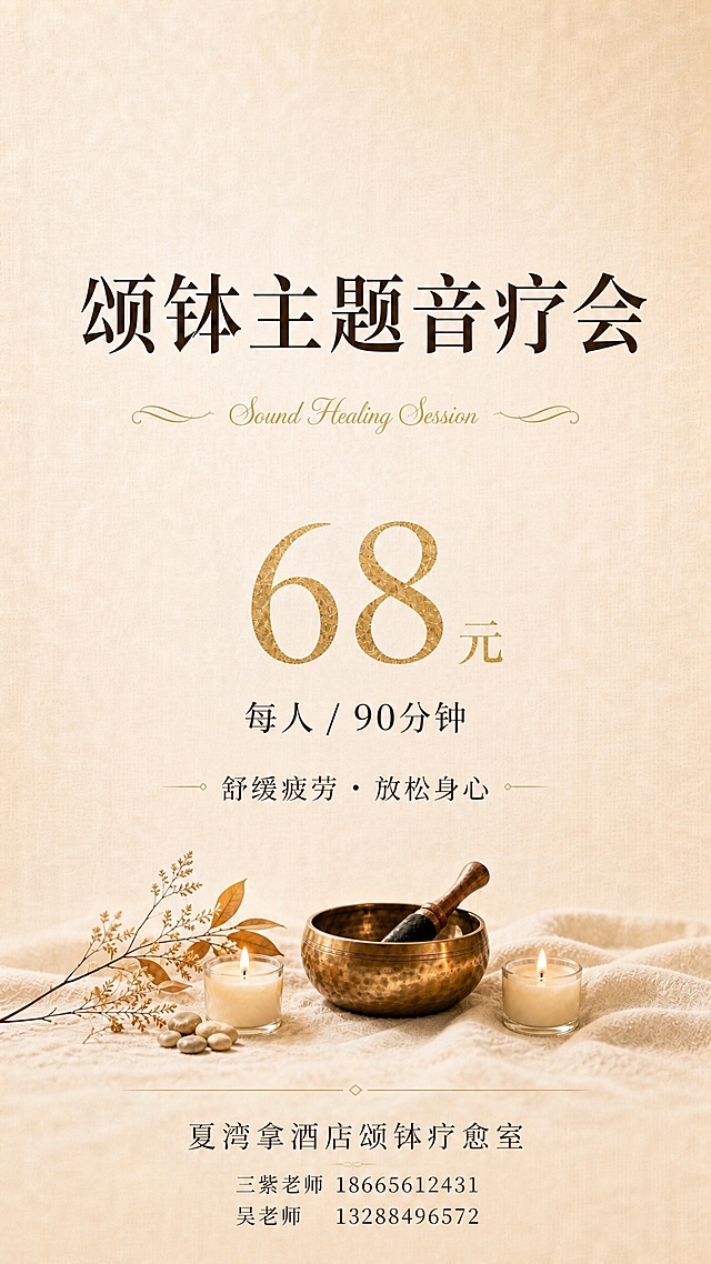 颂钵音疗价目表海报，暖金奶油色调疗愈风格，背景为柔和的暖米色麻布质感，缩小版的颂钵和点燃的小蜡烛、干花枝叶、鹅卵石作为背景装饰元素，位于画面下方，占比小，营造宁静疗愈氛围。上方为大面积留白的文字区域。主标题为「颂钵主题音疗会」，字体优雅细衬线，深棕色，字号最大居中。副标题为「Sound Healing Session」，小号英文装饰，金色，两侧有优雅曲线装饰。中间价格区：大号金色加粗数字「68元」，下方小字「每人 / 90分钟」，深棕色。再下方小字标注「舒缓疲劳 · 放松身心」。底部有细装饰横线，下方为「夏湾拿酒店颂钵疗愈室」，深棕色细衬线字体。再下方联系方式分两行：第一行「三紫老师 18665612431」，第二行「吴老师 13288496572」，深棕色小字，居中对齐。整体简约高级，清晰明了，留白充足，疗愈感强，与同系列海报风格完全一致。画面中所有数字必须精确渲染，不得错位、遗漏或编造。画面中所有信息区域必须填充完整合理的内容，不得出现空白框、空白占位、横线待填写区域。