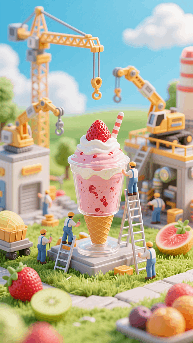 超大杯的鲜榨草莓奶昔冰沙作为视觉中心，水果冰淇淋制作工厂，蓝天白云，草地，梯子，机械臂，吊机，工地，工人在做工