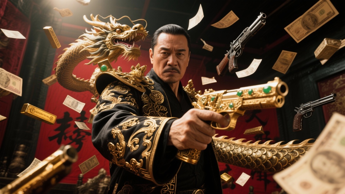 An ancient Chinese imperial dragon reborn as a mafia boss, surrounded by flying banknotes, gold bars预览效果