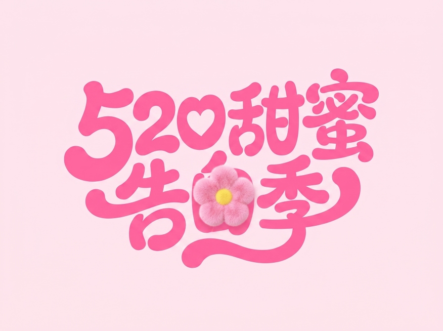 浅粉色干净背景，平面艺术字体设计，字体基础为圆润手写体，五个字“520甜蜜告白季”。设计风格：整体为极粗圆润笔画，大弧度曲线流畅飘逸，笔画末端圆润收束。特殊设计：520的0内部替换为心形图案，告白的“预览效果