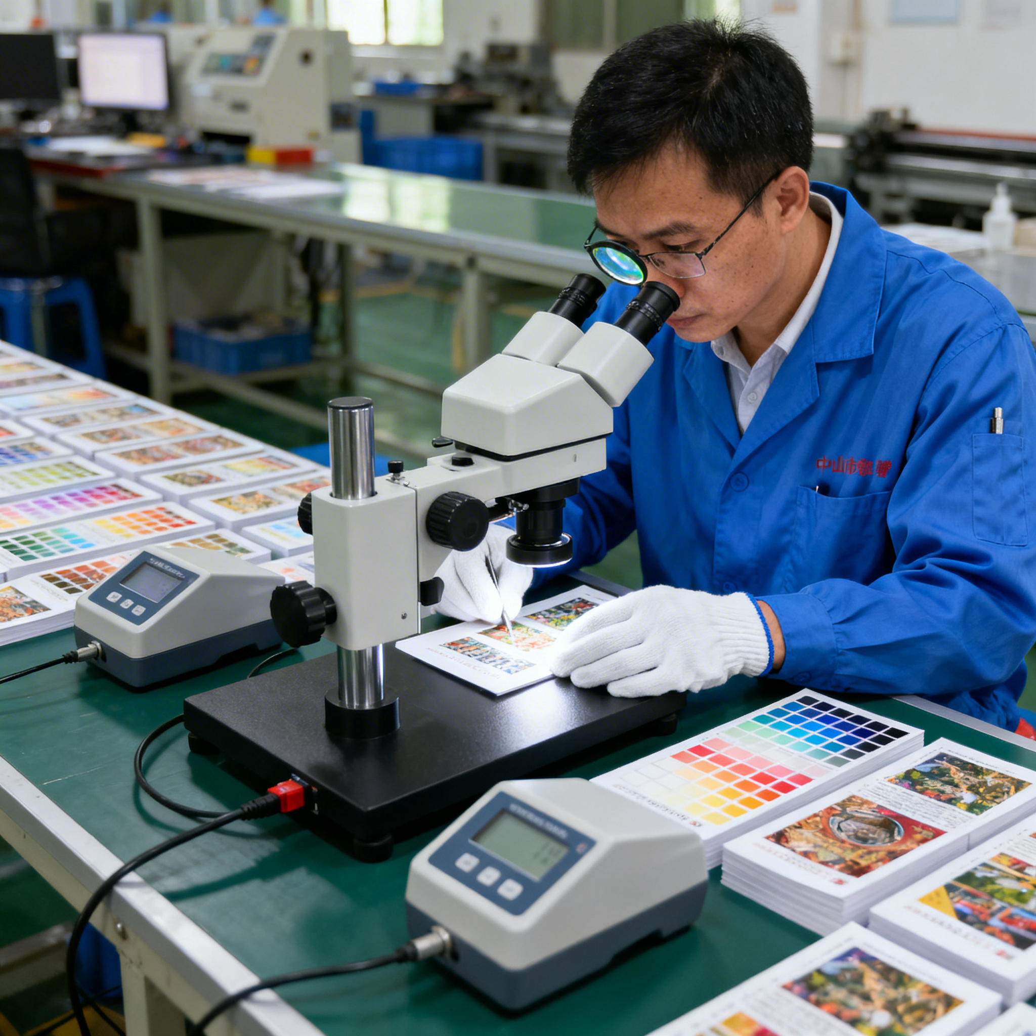 中山市梁婷印刷有限公司，印刷产品质量抽检场景，专业质检工人使用… - 图片创意预览