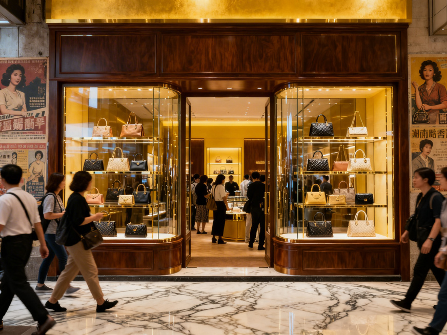 国内商场的EFLYTER品牌女包店铺，双开间或三开间，店面设计高级有质感，充满港式复古风格，橱窗内清晰陈列多款精致女包，店门口有很多中国人来往，氛围热闹有烟火气，整体呈现香港商圈店铺的特色韵味预览效果