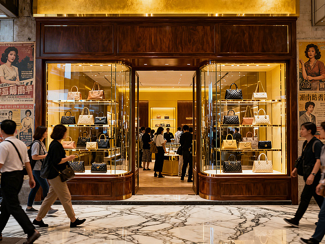 国内商场的EFLYTER品牌女包店铺，双开间或三开间，店面设计高级有质感，充满港式复古风格，橱窗内清晰陈列多款精致女包，店门口有很多中国人来往，氛围热闹有烟火气，整体呈现香港商圈店铺的特色韵味