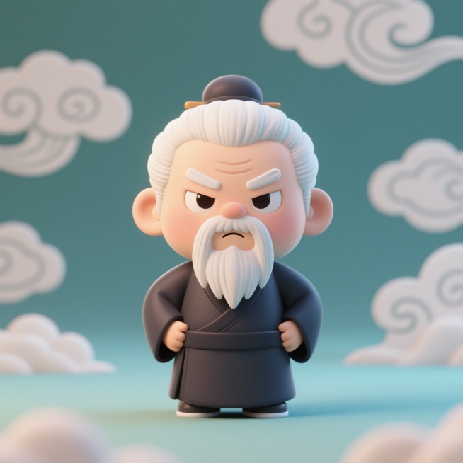 一个Q版卡通风格的老子形象，身材矮小，穿着传统的深色道袍，头发和胡须花白但根根分明，眉头紧锁，嘴巴紧闭，眼神锐利带着一丝不耐烦，双手叉腰，姿态显得有些生气和暴躁，背景是简单的云纹图案，整体画面可爱又带预览效果