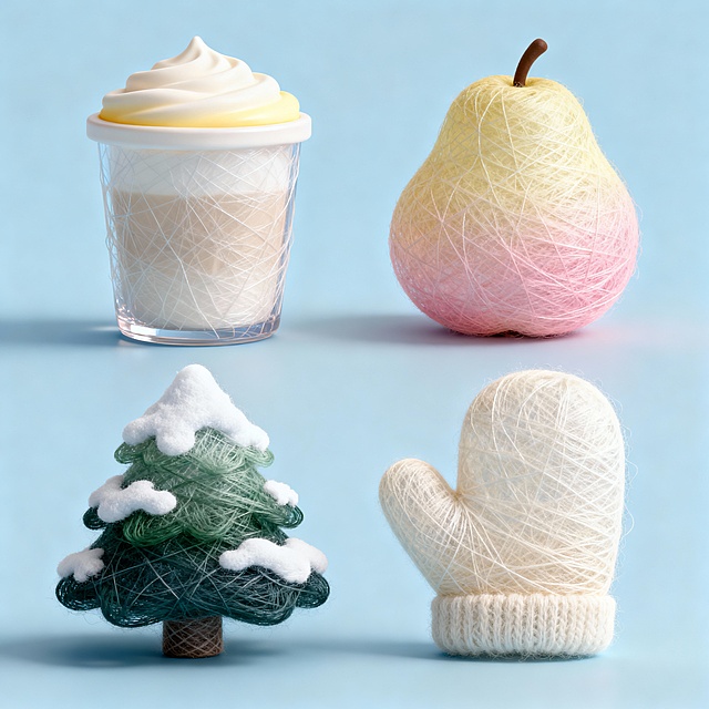 4 个奶油配色素材，上下两行排齐，背景浅蓝。热牛奶、冻梨、积雪松树、棉手套，清透冬日感。
