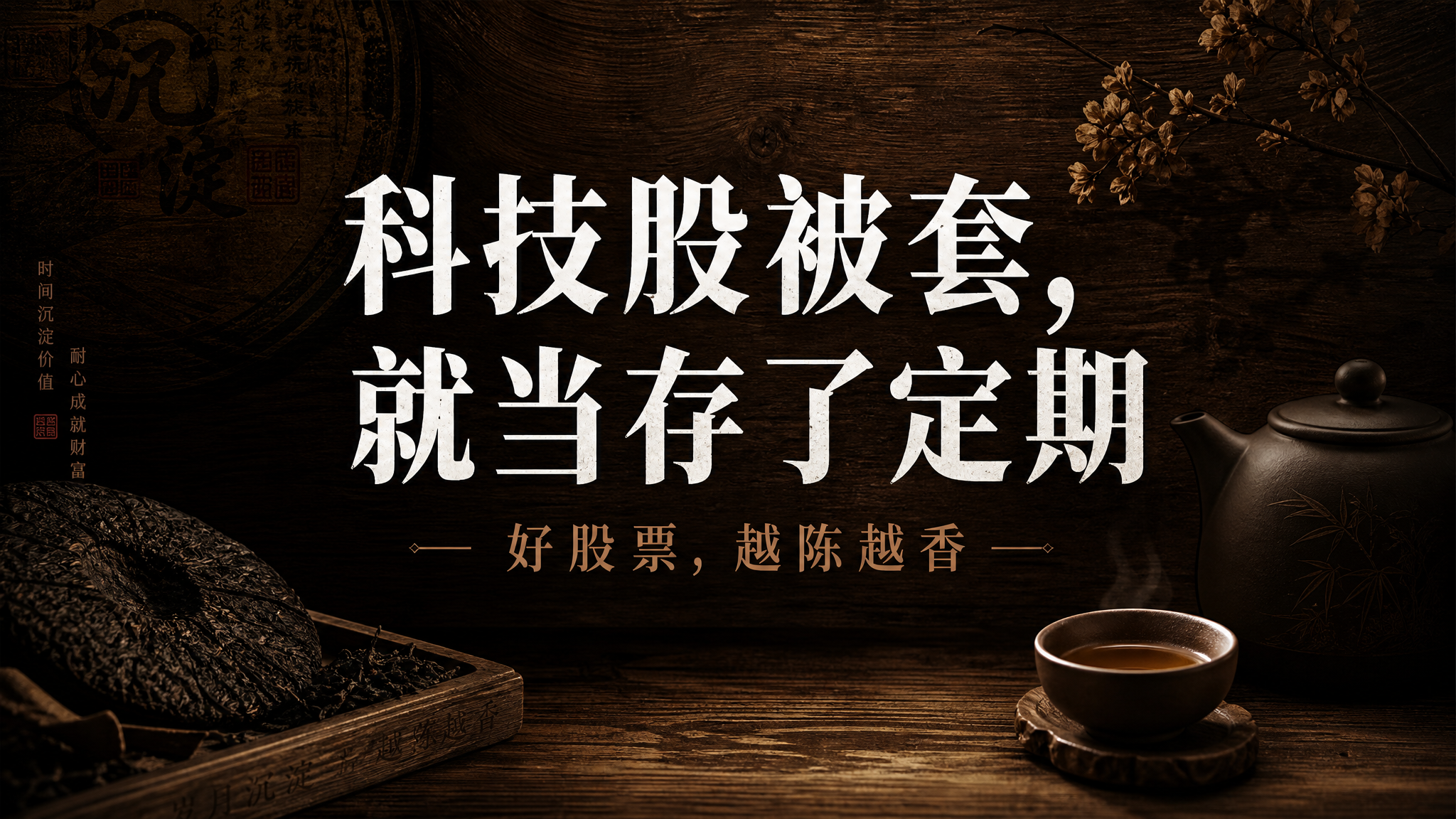 16:9横版股市财经海报，高级深棕色木纹质感背景，带有老茶和茶… - 图片创意预览