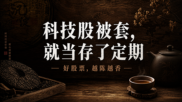 16:9横版股市财经海报，高级深棕色木纹质感背景，带有老茶和茶杯的剪影以及岁月沉淀的感觉，中央醒目白色大字标题"科技股被套，就当存了定期"，下方棕色小字"好股票，越陈越香"，整体风格沉稳有味道，木纹老茶，高级沉淀安抚风