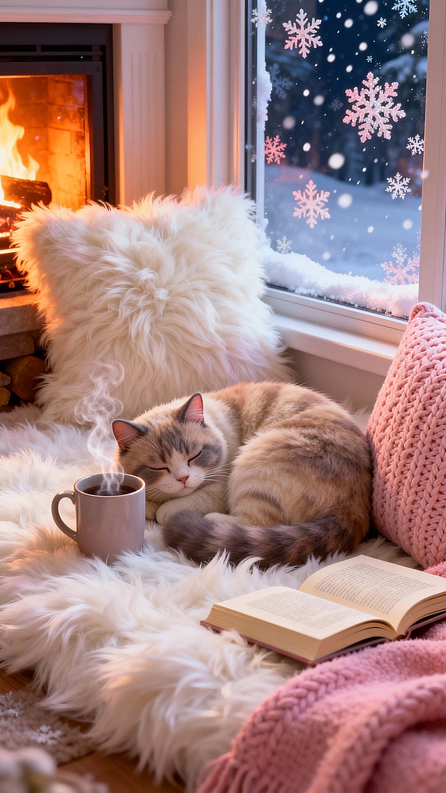 蓬松的白色地毯上，一只毛绒猫咪蜷在针织抱枕旁，旁边是冒着热气的马克杯和一本翻开的书，窗外是柔和的夜雪。整体被壁炉的橙黄暖光照亮，色彩为奶油白、浅咖和脏粉色，柔焦效果，电影感构图。