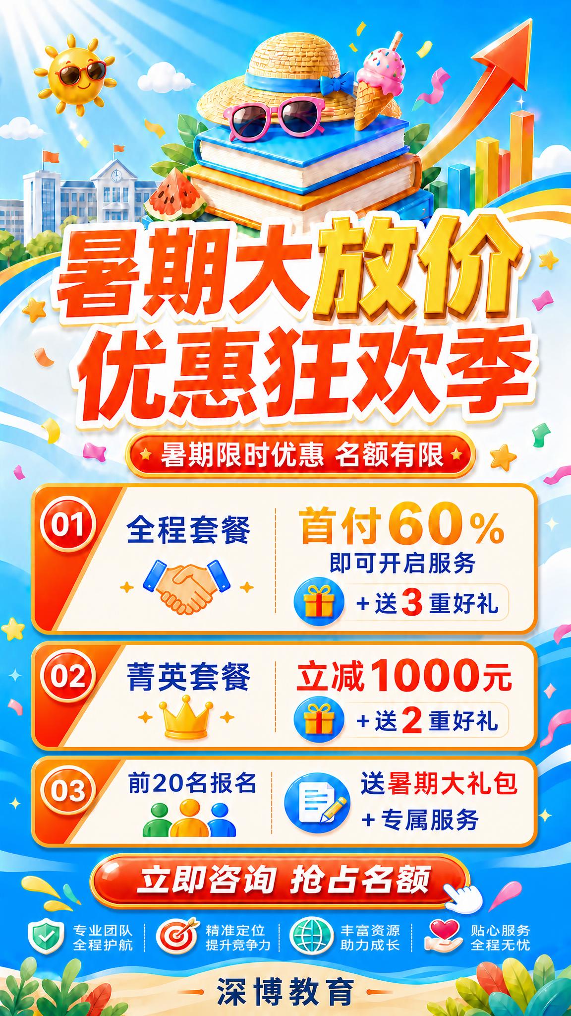 基于当前暑期大放价优惠海报，在两张优惠卡片中间新增一张菁英套餐… - 图片创意预览