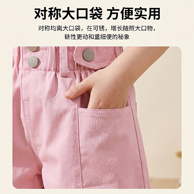 [主图 5] 女童高腰短裤口袋细节展示图，户外休闲风格。
[氛围风格] 清晰特写展示，专业商品质感
[画质] 商业摄影质感、光线柔和通透、产品清晰真实、画面干净高级。
[元素] 特写展示短裤对称大口袋细节，一只小手放入口袋展示口袋容量，突出方便实用的卖点。保持短裤材质质感、颜色与输入产品图绝对一致，杜绝任何变形和色差，精细化处理。细节主体占比严格控制在75%左右，画面满屏无边框。
[光影] 影棚柔和布光，均匀打在口袋区域，清晰展示口袋结构和面料纹理，明暗层次分明。
[配色] 浅色简约背景突出短裤本身颜色和口袋细节。
[视角构图] 平视特写视角，对焦在口袋区域，景深较浅突出细节。
[文字版式] 上方标注卖点"对称大口袋 方便实用"，主标题大粗体，说明文字较小，对比清晰不遮挡细节。
[比例分辨率] 1:1 比例，2k 分辨率，文字清晰可辨，超高清。
[负向提示词] 变形，水印，文字错乱，产品图模糊，背景杂乱