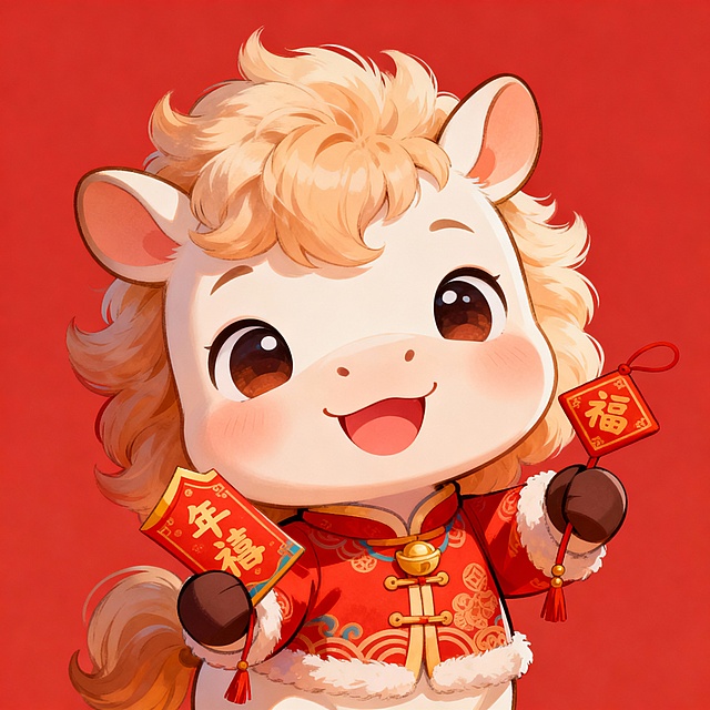 Q版马年动漫IP形象设计，可爱的拟人化小马宝宝，有着蓬松柔软的毛发，圆圆的脸，开心的笑容，可爱的歪着头看着镜头微笑，穿着春节服饰，手上拿着有春节元素的物品，背景为单色红色，整体风格是卡通可爱的插画风，画面高清，细节丰富