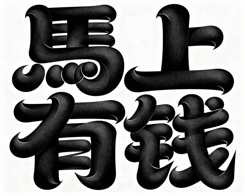 Calligraphy,一幅黑色的艺术字作品,内容是汉字“馬上有钱”,虽然是汉字,但是笔画极粗非常厚实饱满,笔画大体走势是黑体字（横平竖直),笔画非常粗,因为笔画太粗笔画之间相互堆叠交织缠绕,相互融合预览效果