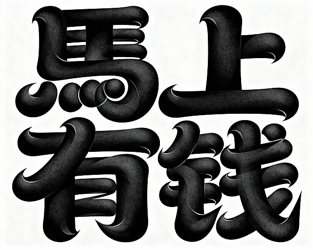 3D浮雕风大字设计，强体积感黑墨字体，新春祝福“马上有钱”创意呈现。
