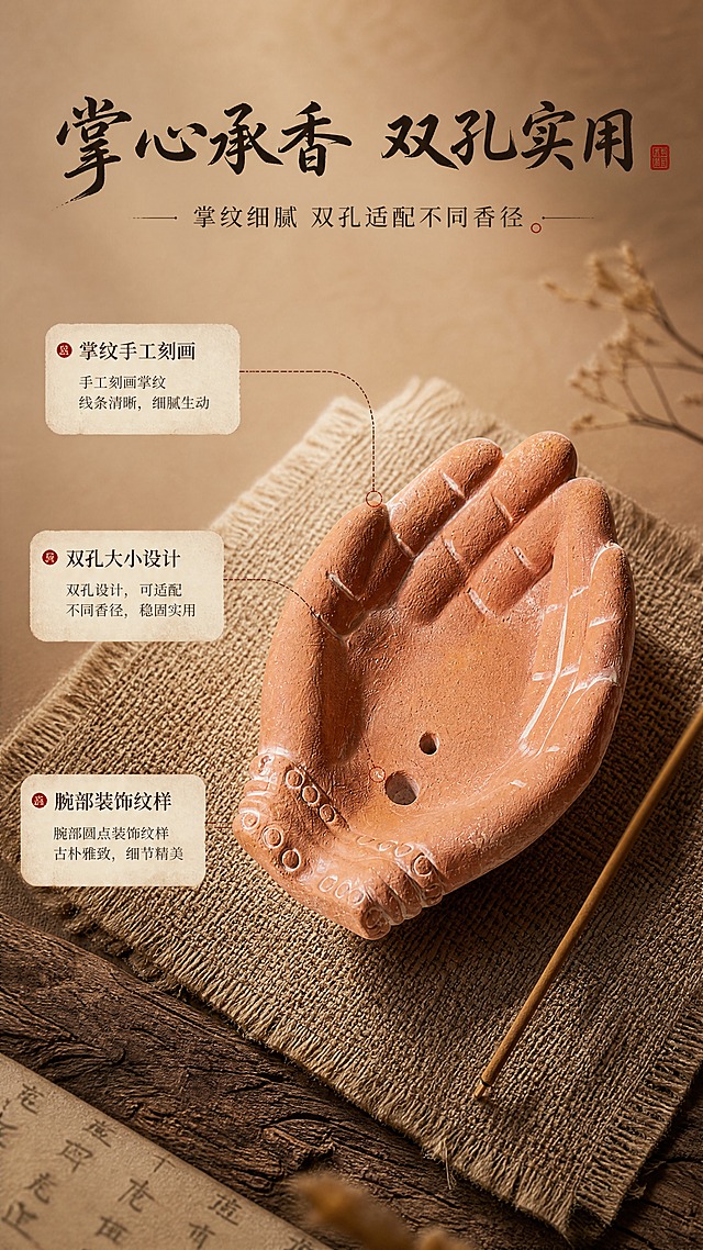 [商品] 使用【图1】下方的掌心款粗陶香插；保留掌心凹陷造型、掌纹白色描边、双孔设计、腕部圆点装饰纹、陶土红棕色，不改变形态和细节。
[画面] 单品特写，效果特写型。掌心款香插为绝对主体，采用俯视角度，清晰展示掌心凹陷的掌纹细节与双孔布局；放置在麻布垫上，旁边斜放一根线香展示使用方式；背景为暖棕色渐变；产品占画面约60%，突出实用设计与纹理细节。
[视觉] 套系策略：风格=侘寂禅意东方美学商业摄影；标题字=手写书法体+衬线粗体组合；正文字=简洁宋体；主色=陶土红棕；背景延展=基于陶土红棕做米白、浅棕、深褐的同色系深浅层级，搭配麻布、旧木、宣纸质感；强调色=赭石色，仅用于小面积图标、引线和标签；标题色=深褐近黑；正文色=暖棕灰；组件=圆角米黄宣纸质感信息卡、细棕线引线、印章式点缀；光影=左前侧暖柔光，侧逆光勾勒轮廓。
[文字] 顶部主标题"掌心承香 双孔实用"，副标题"掌纹细腻 双孔适配不同香径"；用引线标注3处细节"掌纹手工刻画""双孔大小设计""腕部装饰纹样"，文字不遮挡掌心主体区域。
[规格] 图片比例9:16竖版，分辨率4K，负向提示：避免变形、错字、文字过小、冷蓝背景、塑料质感、产品结构改变、掌纹细节丢失。