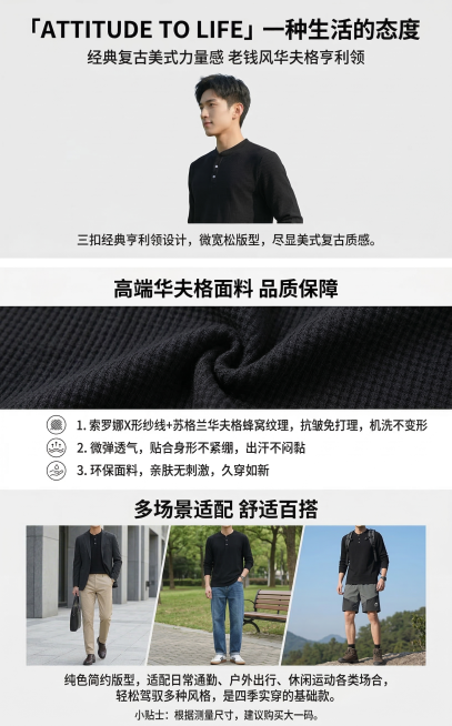 华夫格亨利领长袖详情图，竖版750*1200尺寸，共3张，排版清晰，文字不重叠。

第1张（设计理念页）：背景为浅灰色，顶部白色加粗标题「「ATTITUDE TO LIFE」一种生活的态度」，下方小字预览效果