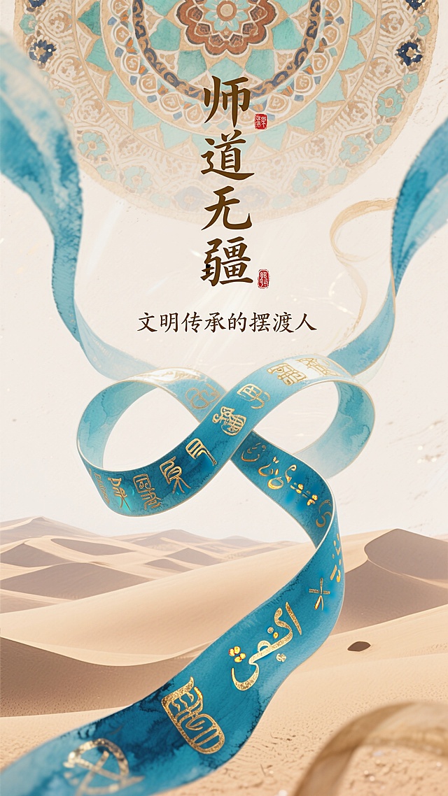 中式古典国潮风，大字鎏金设计，沙漠背景展现文明传承的深远意境。