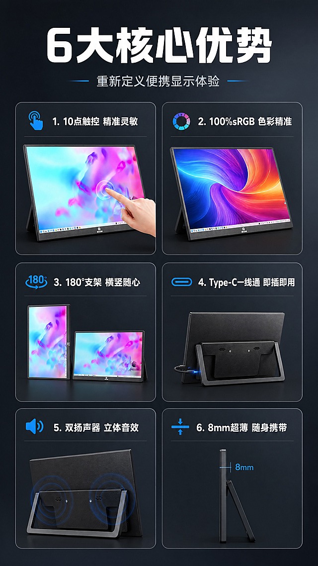 [商品] 使用【图7】正面亮屏图+【图1】背面支架图；商品处理：严格保留显示器原始外形轮廓、边框、支架结构、Logo、颜色和材质，不改变产品任何外观结构，仅做画质清晰化。
[画面] 目标：6大核心卖点总览，建立产品全面认知。构图：竖版9:16，顶部标题区，中部2行3列共6个圆角卡片，每个卡片含小图+卖点文字。上方卡片用正面亮屏小图，下方卡片用背面支架/接口小图。背景：深灰色渐变科技背景，简约干净。
[视觉] 套系策略：风格=简约科技感，色彩干净高级；标题字=现代无衬线粗黑体；正文字=简洁无衬线体；主色=深炭灰+科技蓝；背景延展=深灰渐变背景；强调色=亮蓝色，仅用于小图标和标签；标题色=白色；正文色=浅灰色；组件=圆角半透明深色卡片、蓝色小图标、细线分隔；光影=均匀柔光。
[文字] 顶部主标题："6大核心优势"，副标题："重新定义便携显示体验"。6个卖点卡片：1."10点触控 精准灵敏" 2."100%sRGB 色彩精准" 3."180°支架 横竖随心" 4."Type-C一线通 即插即用" 5."双扬声器 立体音效" 6."8mm超薄 随身携带"。文字全部横向排版，卡片内文字清晰可读。
[规格] 图片比例9:16竖版，分辨率4K，quality=medium。负向提示：禁止改变显示器外形轮廓、禁止拉长压扁、禁止花哨繁杂装饰、禁止文字竖排、禁止极限词、禁止纯白底icon宫格、禁止拼多多平台Logo水印。