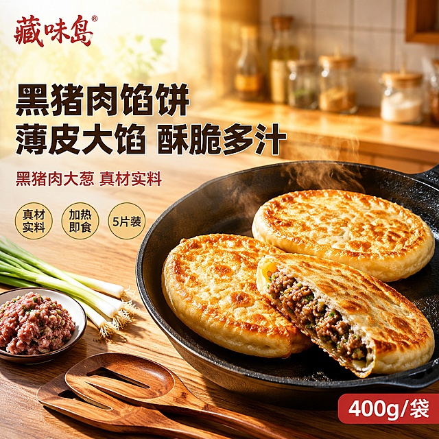 [主图1] 黑猪肉馅饼首图 食欲诱惑 薄皮大馅酥脆多汁
[氛围风格] 温暖家常厨房风 食欲感爆棚 金黄酥脆诱人
[画质] 商业美食摄影质感 光线柔和通透 馅饼清晰真实 画面干净高级 超高清细节
[元素] 画面中央偏右放置一只黑色铸铁平底锅 锅内煎制着三块金黄酥脆的黑猪肉馅饼 饼皮呈诱人的金黄色 表面有细密的油泡和焦香斑点 边缘微微翘起 冒着腾腾热气。其中一块馅饼被切开一半 切面展示出饱满紧实的黑猪肉大葱馅料 肉汁丰盈 油光透亮 可见清晰的肉馅纹理和翠绿葱花碎。平底锅放置在温润的原木色厨房台面上 台面左侧散落几根新鲜大葱 一小碟黑猪肉馅 旁边放一双木质锅铲。背景是虚化的温馨厨房场景 隐约可见白色瓷砖墙面 木质橱柜 玻璃调料罐 全部做浅景深处理。左上角安全区放置"藏味岛"品牌Logo 字体为红色书法风格。馅饼主体占画面约60% 画面满屏无边框。
[光影] 自然暖阳从左上方斜射 经厨房窗纱柔化 形成大面积暖金色柔光 馅饼表面有诱人的油亮高光 热气有体积光感 铸铁锅有柔和反光 底部有自然接触阴影 整体光影温暖通透 暗部有层次 无生硬阴影
[配色] 主色调 馅饼金黄色 暖木棕色；辅色 肉馅深棕 葱花翠绿 铸铁锅黑色；强调色 品牌红 热气白色
[视角构图] 45度俯视角度 馅饼为视觉中心 前中后景分层 景深较浅 突出馅饼主体与切面细节 轮廓完整不裁切
[文字版式] 左侧负空间左对齐排版 文字不遮挡馅饼主体。主标题两行大字 "黑猪肉馅饼" "薄皮大馅 酥脆多汁" 粗黑体 深棕色 字号最大 有轻微白色描边保证可读性。主标题下方副文案 "黑猪肉大葱 真材实料" 中号黑体 棕红色。副文案下方三个圆形小图标横向排列 分别配文字 "真材实料" "加热即食" "5片装" 图标为浅黄底深棕字 精致小巧。右下角红色圆角标签 "400g/袋" 白字醒目。
[输出要求] 1:1比例 2048x2048 2K超高清 文字清晰锐利 商业美食摄影质感
[负向提示词] 变形 文字错乱 产品模糊 背景杂乱 水印 电商平台Logo 多余的手 畸形手 人物面部 馅饼变形 颜色失真