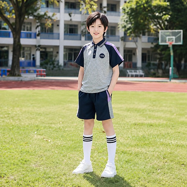 「图片1」，生成一套主图（10张），商品名称是小学生夏季通用款短袖校服，卖点是吸汗速干，高端工艺，适配淘宝/天猫平台，主图比例为1:1「图片1」「图片1」「图片1」。就用我的模特，多方位多角度展示商品，同时要保持商品和模特背景的一致性。