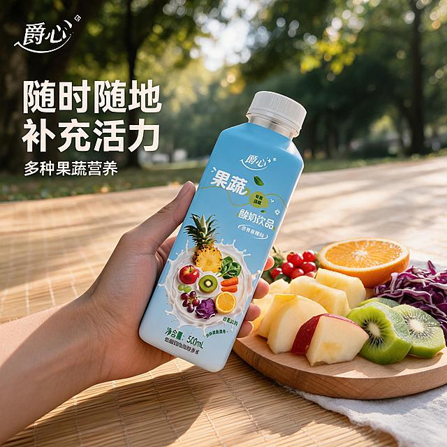 [主图-4] 爵心果蔬口味酸奶饮品场景体验展示
[氛围风格] 小清新治愈风，轻松自然
[画质] 商业摄影质感，光线柔和通透，产品清晰真实，画面干净高级
[元素] 一只手手持果蔬口味爵心酸奶饮品，放置在户外野餐木质野餐垫上，周围搭配切好的混合水果块，阳光透过树叶洒下光斑，保持产品外观物理结构、材质质感、颜色与输入产品图绝对一致，杜绝任何变形和色差，精细化处理，商品主体占比约65%，画面满屏无边框
[光影] 自然午后阳光斑驳光影，整体温暖柔和，通透有氛围
[配色] 主色调浅原木暖色系搭配包装浅蓝色，清新自然治愈
[视角构图] Vlog抓拍视角，第一人称场景感，景深自然，背景虚化
[文字版式] 左上角"爵心"品牌Logo，主文案大字写"随时随地 补充活力"，深棕色粗体，文字放置野餐垫空白处，不遮挡产品主体，辅助小字写"多种果蔬营养"，排版简洁
[比例分辨率] 1:1比例，2K分辨率，文字清晰可辨，超高清
[负向提示词] 变形，水印，文字错乱，产品图模糊，背景杂乱，绝对化违禁词
