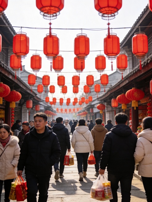 春节街道上人来人往，张灯结彩挂满红灯笼，洋溢热闹喜庆氛围，行人穿着冬装带着年货，年味十足预览效果