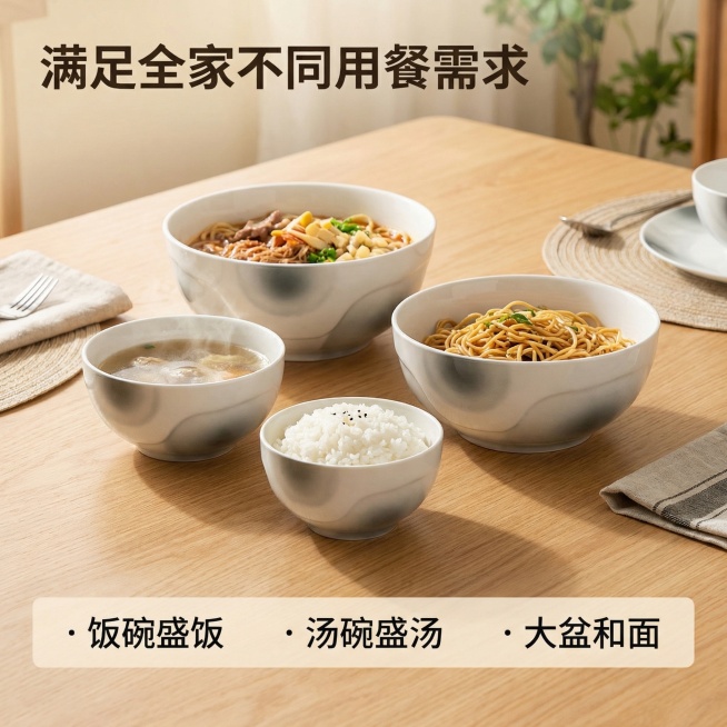 [主图 4] 陶瓷碗套装配对使用场景展示
[氛围/风格] 生活化温馨场景，真实用餐体验感，统一暖调光影
[画面元素] 餐桌上摆放整套不同尺寸陶瓷碗，分别盛好米饭、汤和面，展示不同尺寸的实际使用效果，陶预览效果