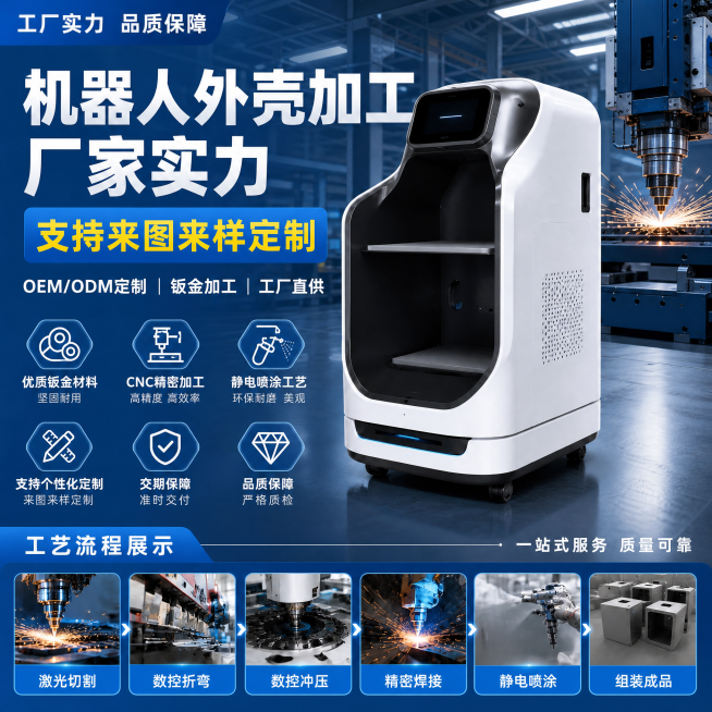 工厂实力风，厂家加工机器人外壳设备，支持来图来样定制，产品展示定制服务，工厂车间背景，专业可信，适配爱采购平台，文案包含"支持来图来样定制"预览效果