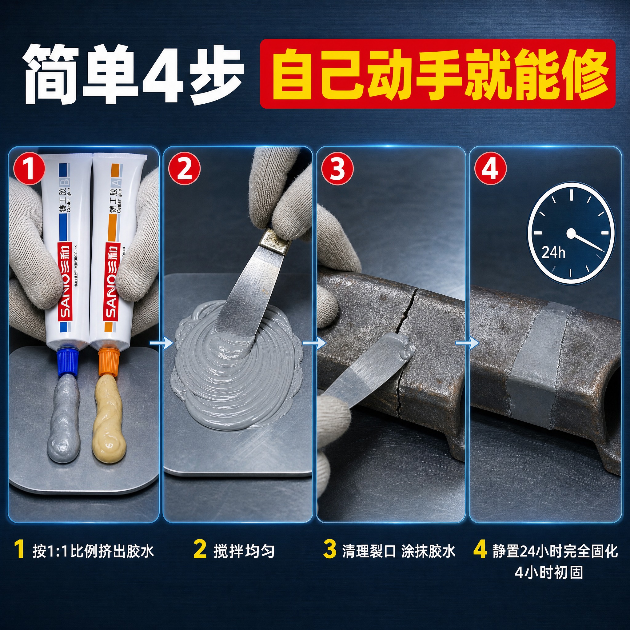 [主图-6] 三和强力铸工胶 操作步骤图，唯一任务：用四步图示… - 图片创意预览