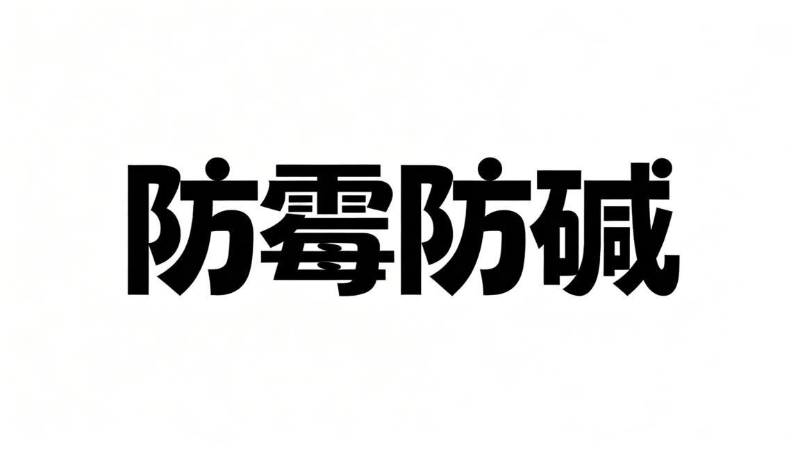 "防霉防碱"全新创意字体设计，极度夸张异形艺术字，字体结构做差异化变形，纯纯白色干净背景，标准横向排版预览效果