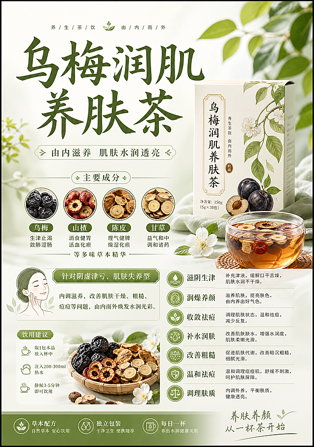 制作一张A4大小的养生茶产品海报，主标题为"乌梅润肌养肤茶"，展示产品信息：主要成分包含乌梅、山楂、陈皮、甘草等，功效为针对阴虚津亏、肌肤失养型，滋阴生津、润燥养颜、收敛祛痘，补水润肤、改善粗糙、温和祛痘、调理肤质，整体设计清新自然，突出养肤养颜的养生主题，排版整齐适合宣传使用