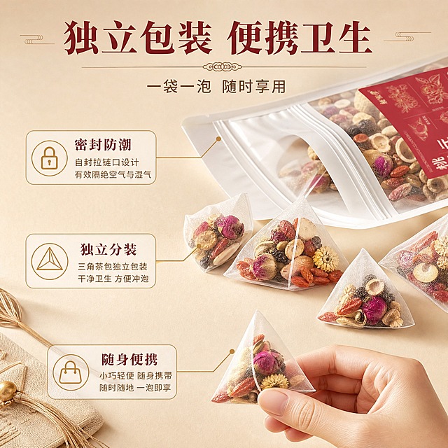 [主图-5] 包装细节与便携：独立小袋+密封包装+便携性展示。
[统一基调] 中式养生雅致商业摄影风；背景主色=暖米杏渐变+细腻哑光质感；标题字色=深枣红；辅助字色=深暖棕；强调色=金棕色；标题字体=宋体衬线粗体（典雅中式）；辅助字体=简洁无衬线体；组件=圆角浅底信息卡、细线引线、中式纹样装饰条；光影=左前侧暖柔光，柔和阴影。
[画面] 细节拆开展示构图，画面上半部分：外袋自封拉链口微距特写，展示密封防潮设计，金棕色引线标注密封口；画面中部：倒出的4-5个独立三角茶包散落在外袋旁，清晰展示独立小包装形态；画面下部：一只手拿起一个茶包，展示便携尺寸；背景为浅暖米色台面，柔和侧光突出材质质感。
[光影质感] 商业产品摄影质感，侧暖柔光打亮包装与茶包，袋身塑料材质有自然高光，茶包网纱纹理清晰，手部动作自然，接触阴影柔和。
[配色] 主色暖米杏+枣红，强调色金棕；背景暖米台面色，产品原色保留，引线与图标金棕色；文字深枣红+深暖棕。
[文字版式] 顶部主标题「独立包装 便携卫生」，副标题「一袋一泡 随时享用」；配3个卖点用引线对应细节：「密封防潮」「独立分装」「随身便携」；所有文字横排，层级清晰。
[输出要求] 比例1:1，2K，文字清晰，细节真实；负向：变形、错字、包装结构失真、手部畸形、功效词、医疗表述、冷蓝背景。