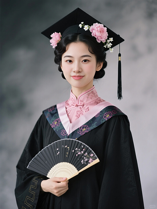 女生证件照，民国发型，穿黑色学士袍戴黑色学士帽，头发上戴粉色芍药花和白色小花，手执折扇，学士帽流苏，领口有粉色复古花纹，内衬是粉色旗袍，黑灰色朦胧背景，看镜头。