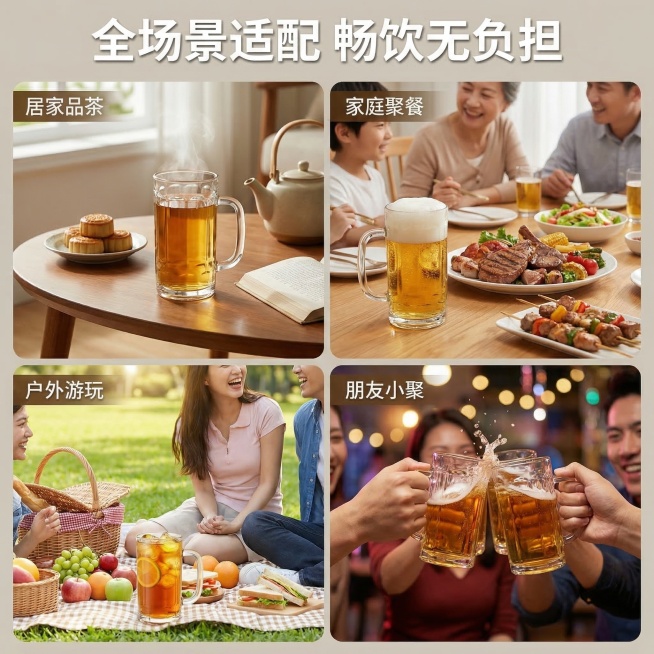 [垫图]输入图
[主图主题]玻璃杯多场景适用展示
[氛围/风格]温馨生活感，自然写实
[画面元素]画面分四宫格：左上是居家茶几上玻璃杯盛着热茶配茶点；右上是家庭聚餐桌上玻璃杯装着啤酒，旁有烧烤；左下是预览效果