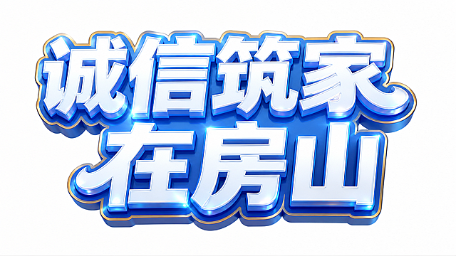 参考图片的蓝色描金边立体发光艺术字风格，生成文字内容"诚信筑家在房山"，白色字体蓝色渐变描边金色包边，3D立体效果，带光泽和光晕，纯白色背景