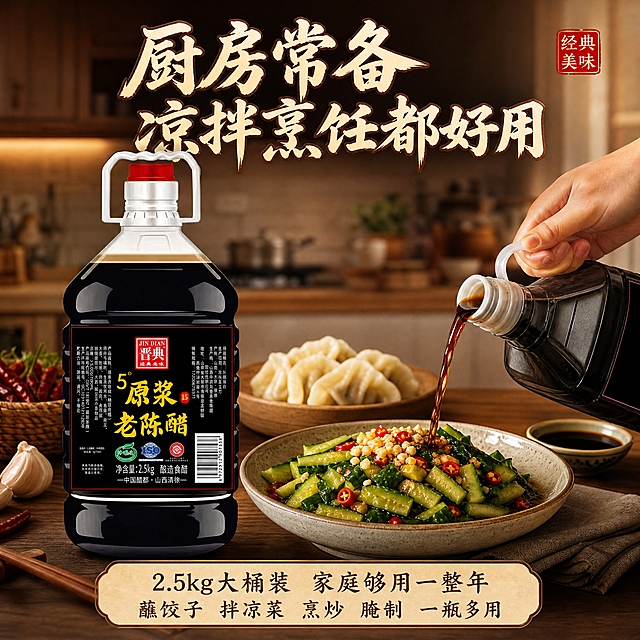 [主图-4] 家庭厨房使用场景 凉拌菜烹饪 大桶实惠家庭刚需
[统一基调] 淘宝/天猫食品粮油风格 暖棕木色+深醋琥珀色主色调 主标题用粗笔刷书法体米白字带浅金描边 辅助文案用细黑体深棕色 强调字用朱红印章样式 整体国风品质感 商业摄影高清质感
[画面] 温馨明亮的中式家庭厨房场景 木质餐桌中央 产品大桶醋放置在左侧 占比约45% 右侧是一盘刚做好的凉拌黄瓜 上面撒着蒜末和红辣椒 一只手正拿着醋瓶往凉菜上淋醋 醋丝清晰可见 旁边还摆着一盘饺子和一小碟醋 背景是虚化的厨房灶台和餐具 上方主标题 厨房常备 凉拌烹饪都好用 下方辅助文案 2.5kg大桶装 家庭够用一整年 蘸饺子 拌凉菜 烹炒 腌制 一瓶多用
[光影质感] 自然窗边暖光 食物色泽诱人 醋液光泽真实 场景有生活气息 产品融入场景无违和
[配色] 暖木色 食物原色 醋琥珀色 米白字 整体温暖有烟火气
[文字版式] 顶部主标题 底部辅助文案分两行 文字放在画面上下负空间 不遮挡产品和美食主体
[输出要求] 1:1正方形 产品外观与输入图完全一致 手部动作自然无畸形 场景真实有食欲 无错字 无水印 无平台Logo
