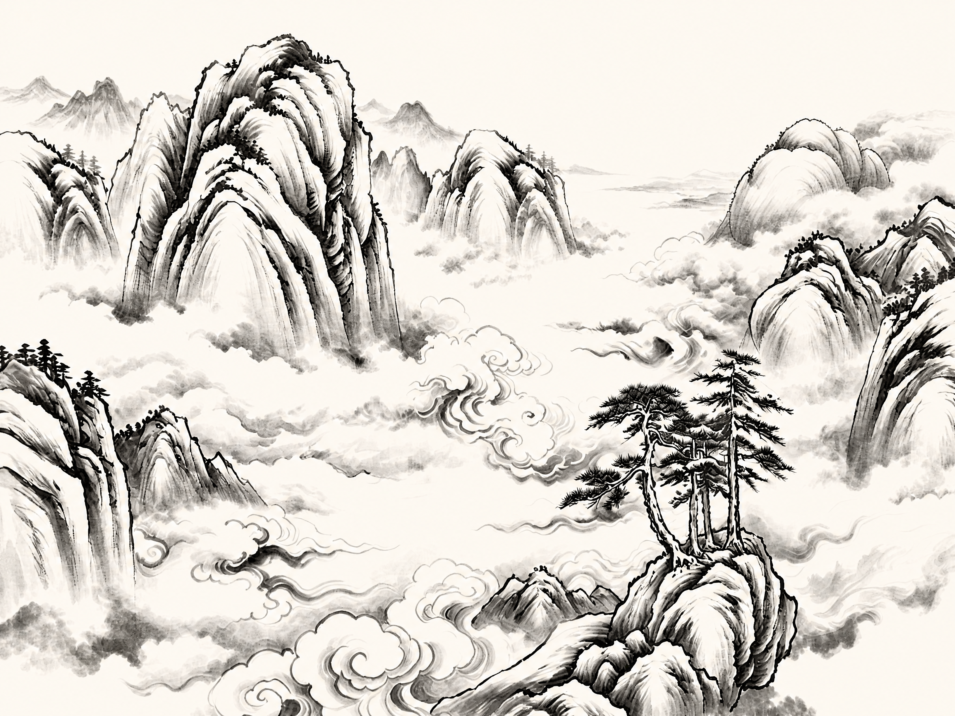 提取参考图中的水墨山水画图案，完整还原传统中国水墨山水画：画面… - 图片创意预览