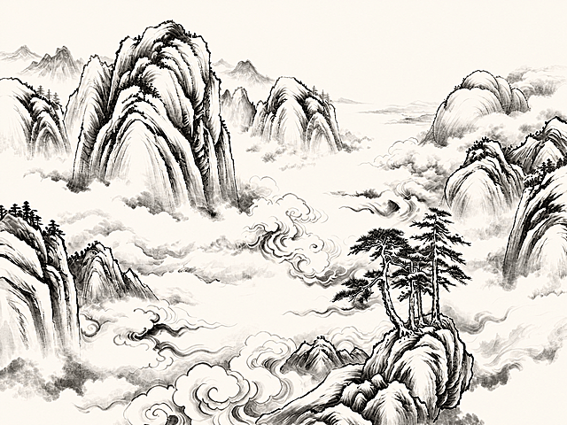 提取参考图中的水墨山水画图案，完整还原传统中国水墨山水画：画面左侧是高耸险峻的山峰，山石纹理清晰，山间云雾缭绕，右下角悬崖上有几棵迎客松，云海翻涌，远处群山层叠，传统水墨白描风格，意境悠远。要求：1. 高清印刷级画质，笔墨细节清晰锐利；2. 画面完整，无竖缝无拼接痕迹；3. 底色均匀平整，为纯净的宣纸米白色，无任何纹理和杂质；4. 边缘整齐，无褶皱无变形；5. 正视图，平面化，适合印刷使用