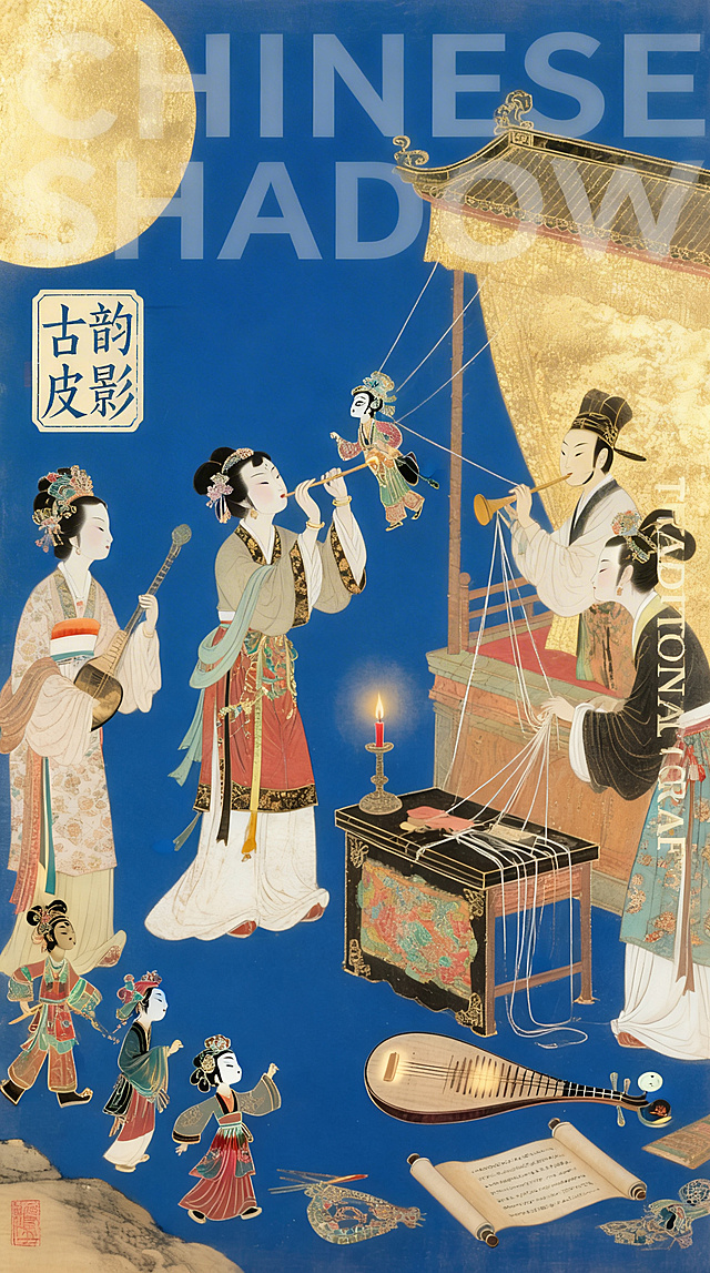 保留现有画面和画风，在对应位置添加指定文字：背景上方叠加半透明浅米色无衬线大字 "CHINESE SHADOW"；画面左侧浅米色方框内 "古韵皮影" 印章式文字；画面右侧浅米色方框内竖排 "TRADITIONAL CRAFT"。整体呈现中国传统文化的韵味与现代设计的美感，保持与前序海报统一的系列风格。