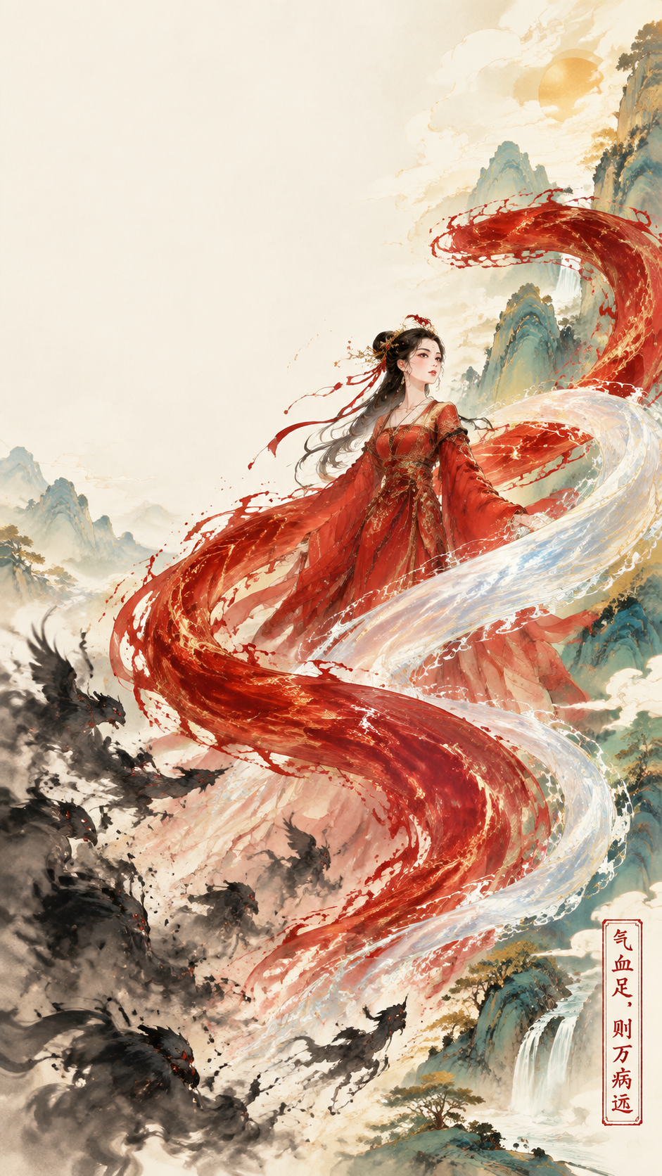 国风新中式工笔画风格，神话般雄奇场景，极简设计。画面中央，一位… - 图片创意预览