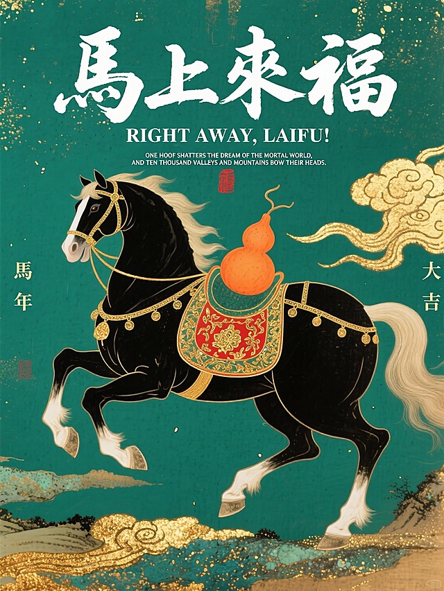 国潮风融合工笔与鎏金技法，黑骏马踏云奔腾，配以葫芦祥云，尽显中式古典奢华与喜庆寓意，大字“马上来福”点睛，传递马年吉祥祝福。