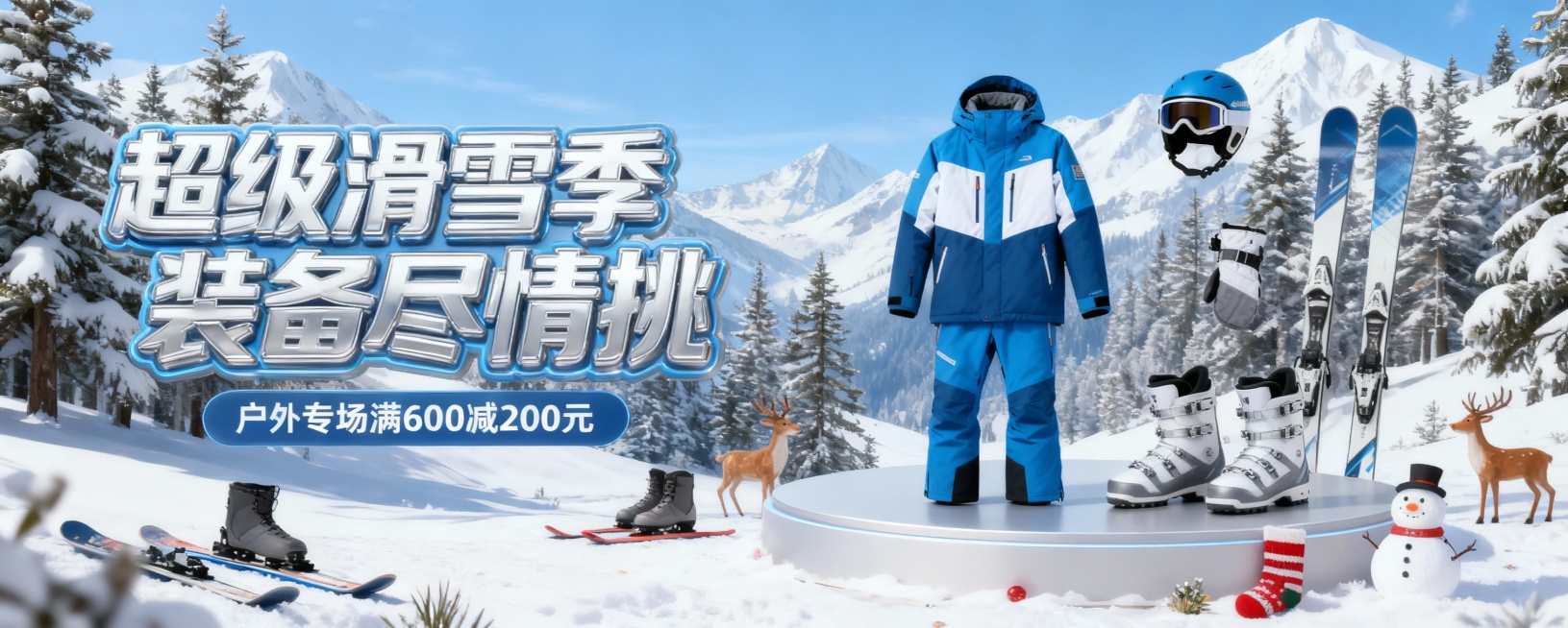 画面以白雪松林雪山为背景，左侧有银色 3D 膨胀卡通大字 “超级滑雪季 装备尽情挑”，下方标注 “户外专场满 600 减 200 元” 优惠信息。右侧商品被放置在圆形展台上，周围点缀着滑雪板、雪地靴、预览效果