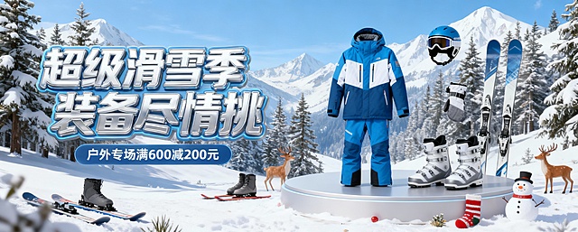 3D重拟物风格滑雪装备展示，金属质感文字搭配虚拟现实雪景，营造沉浸式促销氛围，节日元素点缀，强化冬季户外消费体验。