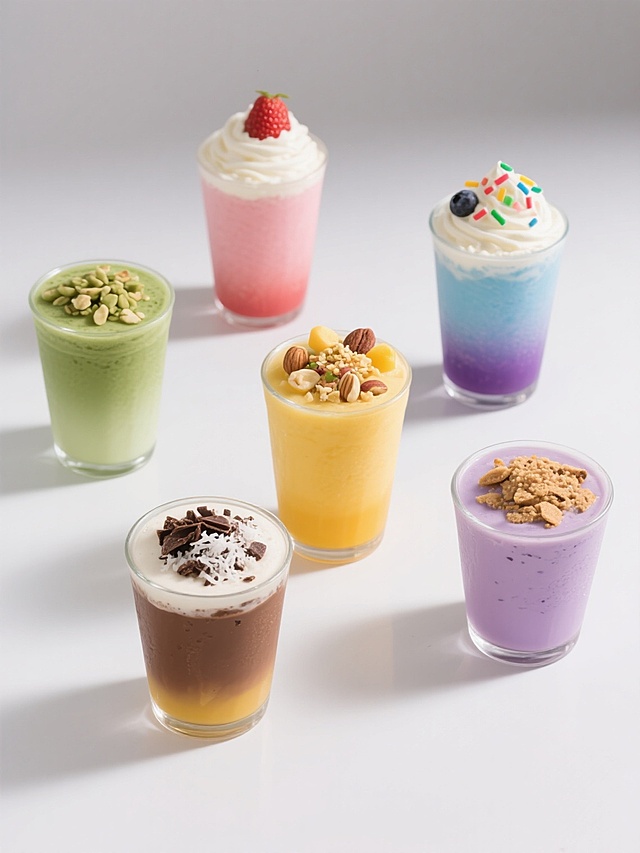 六个不同造型的同系列饮品素材集合，规整排布在白色背景上，保持高清写实摄影风格，光线明亮柔和，阴影细腻自然，玻璃杯质感通透，杯身分别为抹茶绿渐变、草莓粉渐变、蓝莓紫渐变、芒果黄渐变、巧克力棕渐变、香芋紫渐变，顶部均有奶油装饰，分别撒有不同坚果碎、水果粒、彩色糖针、巧克力碎、椰蓉、饼干碎，整体构图对称平衡，色彩鲜艳和谐，视觉层次分明，信息传达清晰，适合饮品宣传海报使用