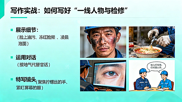 PPT内容页设计，标题："写作实战：如何写好“一线人物与检修”"，写作技巧要点：展示细节（脸上油污、冻红脸颊、凌晨泡面）、运用对话（接地气代替官话）、特写镜头（聚焦拧螺丝的手、紧盯屏幕的眼），商务蓝绿简约风格